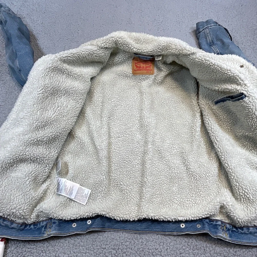 Levis Sherpa Lined Trucker Jacket Mens L Blue Excellent Denim Type 3 Coat - Picture 3 of 12